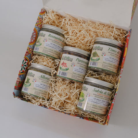 Box aromi misti di Sicilia - Salvia, Timo, Alloro, Rosmarino e Peperoncino